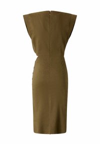 Haljina maslinaste boje s kratkim rukavima, pripijenim siluetom i zatvaranjem na cipzar na leđima. Sadrži detalje s gumbima sa strane.