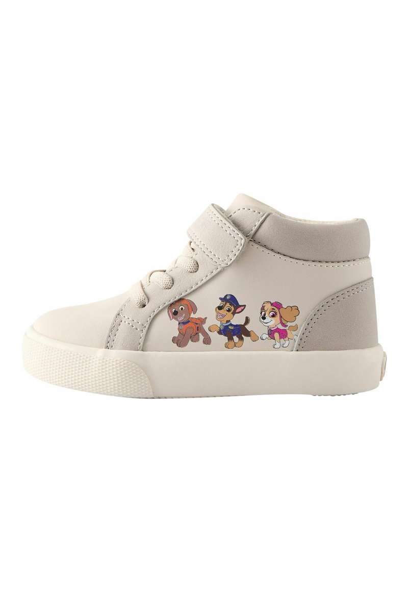 Szare buty typu high-top z zapięciem na rzep, z nadrukowanymi postaciami psów z kreskówek po bokach. Teksturowana gumowa podeszwa zapewniająca przyczepność.