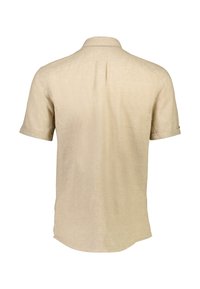 Korte mouw shirt in licht beige linnen, met een klassieke kraag, rugnaad en subtiele textuur. Strak ontwerp, afgeronde zoom.