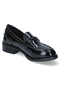 Black patent leather loafer with a low block heel, rounded toe, and decorative strap detailing across the instep. Smooth, shiny texture.