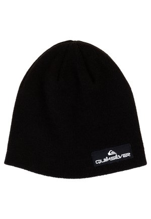 Bonnet en tricot noir avec un dessus arrondi. Présente une finition texturée et un logo Quiksilver blanc sur une étiquette noire au niveau du repli.
