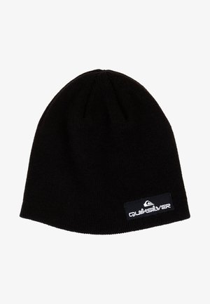 Zwarte gebreide beanie met een ronde bovenkant. Heeft een gestructureerde afwerking en een wit Quiksilver-logo op een zwart etiket aan de omslag.