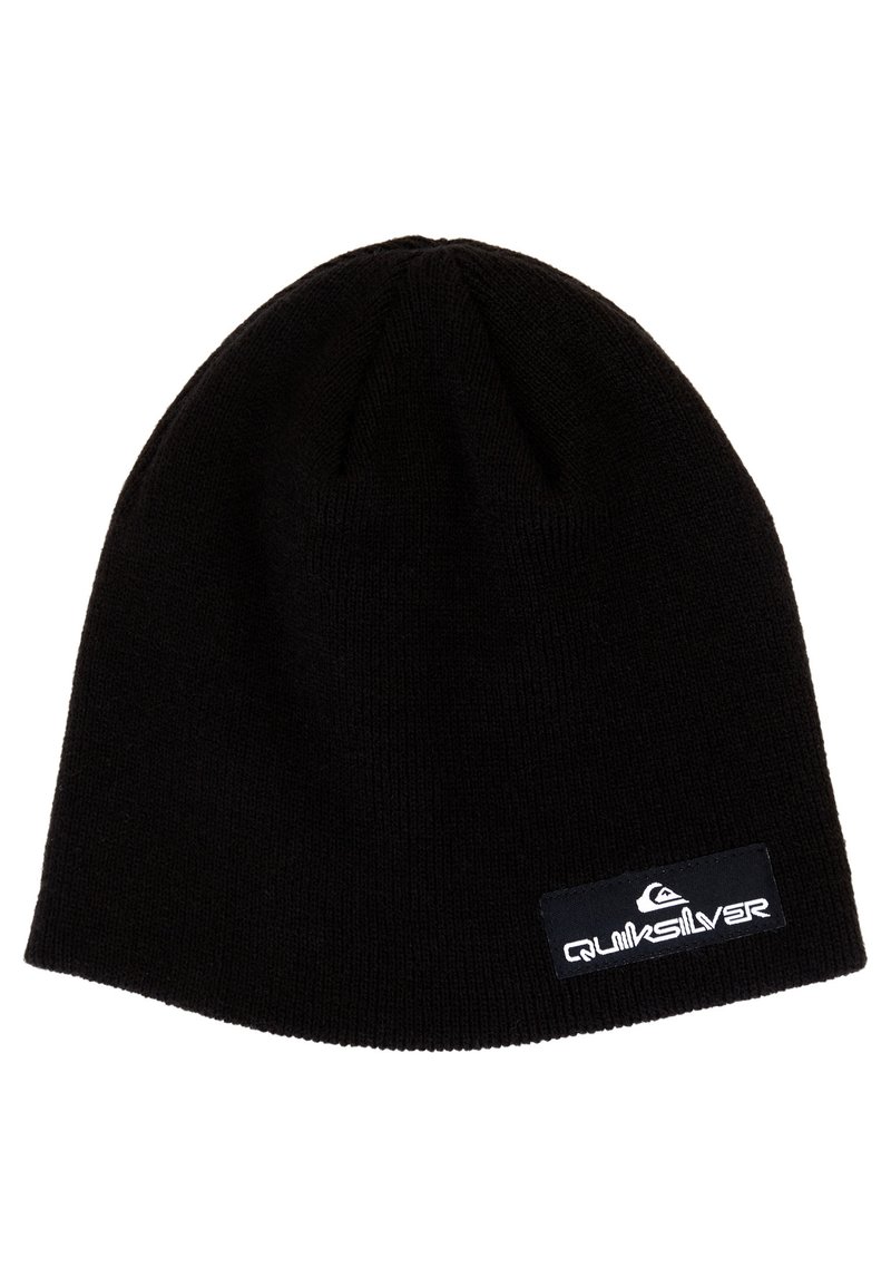 Bonnet en tricot noir avec un dessus arrondi. Présente une finition texturée et un logo Quiksilver blanc sur une étiquette noire au niveau du repli.