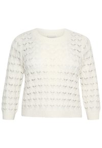 Weißer gestrickter Pullover mit Rundhalsausschnitt, Dreiviertelärmeln und einem strukturierten Muster mit offenen Details. Weiches, leichtes Material.