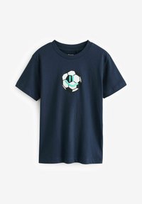 Marineblaue Baumwoll-T-Shirt mit einem runden Grafikdesign eines Fußballs mit einem lächelnden Gesicht in türkis und schwarzem Stickerei in der Mitte.