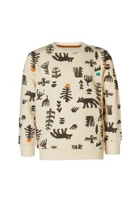 Crème kleur sweatshirt met zwarte dieren- en boompatronen, voorzien van oranje en groene accenten. Ronde halslijn en geribde manchetten.