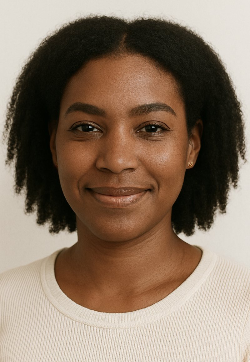 Närbild av en kvinna med naturligt lockigt hår, klädd i en krämfärgad ribbad topp och små guldiga studörhängen, som ler mjukt mot kameran.