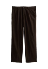 Pantalon habillé marron à coupe droite, comprenant deux poches avant et une fermeture à un bouton à la taille. Texture de tissu lisse.