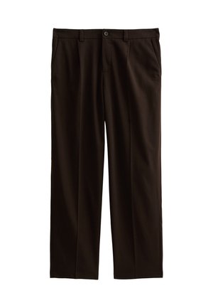 Pantalon habillé marron à coupe droite, comprenant deux poches avant et une fermeture à un bouton à la taille. Texture de tissu lisse.