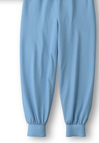 Lichtblauwe joggingsbroeken van zachte stof met geribbelde boorden bij de enkels, met een relaxte pasvorm en een gladde textuur.