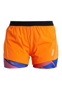 Orange idrottsshorts med ett svart elastiskt midjeband. Har färgglada blå och röda abstrakta mönster på den nedre delen. Lättviktig material.