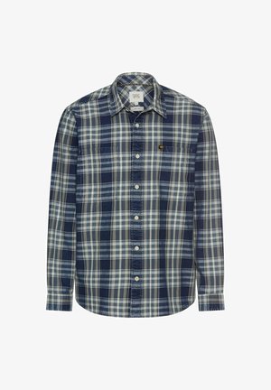 Geruite overhemd in blauw, wit en marineblauw; voorzien van een kraag, lange mouwen, een borstzak en een klein logo detail op de bovenste linkerzijde.