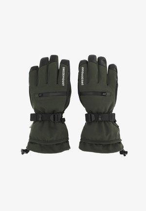 Grüne Handschuhe mit schwarzen Akzenten, ausgestattet mit einer Reißverschlusstasche, verstellbaren Handgelenkriemen und einem strukturierten Handgriff für verbesserte Haltbarkeit.