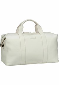 Bolsa de viaje de cuero blanco con acabado texturizado, doble asa superior y cierre con cremallera. Presenta un sutil cosido y un parche de logo.