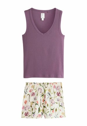 Top violet fără mâneci, din material reiat, cu decolteu în V, asortat cu pantaloni scurți albi cu talie elastică și un model floral colorat.