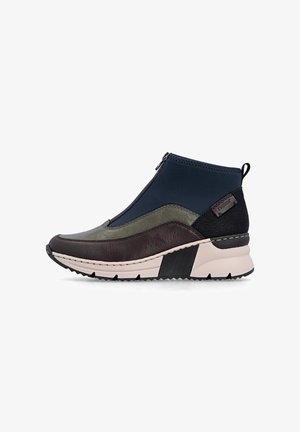 Ankle-high sneaker boot with brown, green, and navy leather panels, front zipper, black pull tab, and beige rubber sole with black tread.