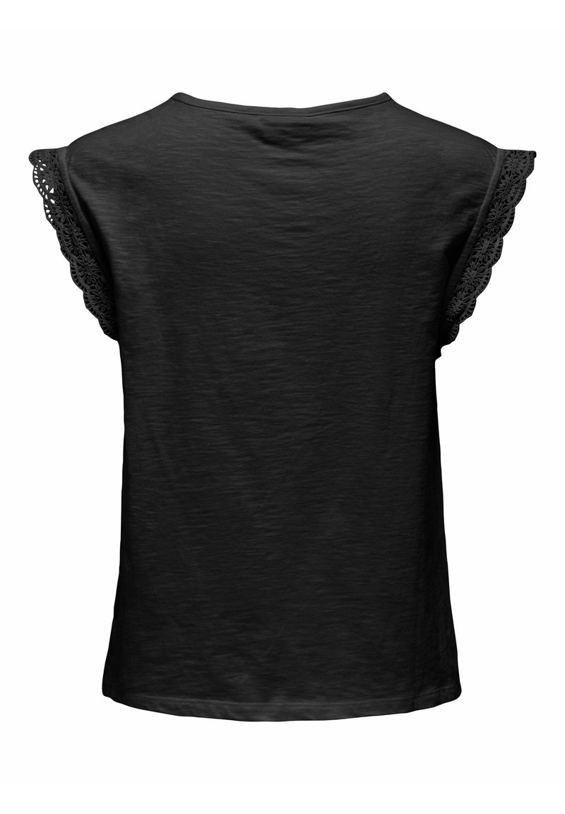 T-shirt noir à manches courtes avec un col rond et des détails en dentelle sur les manches, fabriqué en tissu léger et texturé.