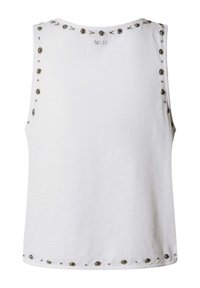 Hvid ærmeløs top med rund halsudskæring, dekoreret med små sølvnitter langs kanter og krave.