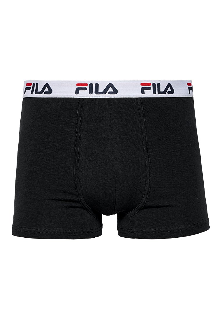 Boxer shorts en coton noir avec une ceinture blanche portant le logo Fila en rouge et bleu. Texture lisse avec un ajustement confortable.