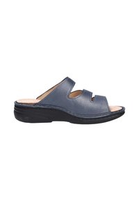 Navy blue leather slide sandals featuring three cut-out straps, a cushioned insole, and a black rubber sole for grip.