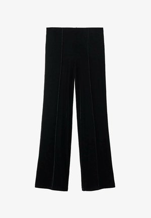 Pantaloni neri a vita alta e gamba larga realizzati in morbido velluto, con dettagli di cucitura verticale, texture liscia e senza chiusure visibili.