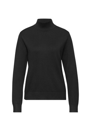 Černý dlouhý rukáv turtleneck svetr s žebrovaným límcem, manžetami a lemem, vystavený na bílém pozadí.