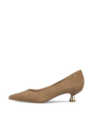 Tan suede pointed-toe pump with a low metallic kitten heel. Smooth texture and subtle sheen. Minimalist design with no visible patterns.
