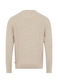 Beiger Strickpullover mit Rundhalsausschnitt und langen Ärmeln. Verfügt über eine strukturierte Oberfläche sowie gerippte Bündchen und Saum für eine enge Passform.