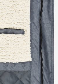 Strukturér fleece-lomme i cremefarve mod en blå, vævet baggrund; inkluderer en sort lynlås og kviltet grå accent.