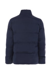 Navy blue puffer jacket features a high neck, quilted design, and a smooth, shiny texture. The back view shows horizontal stitching details.