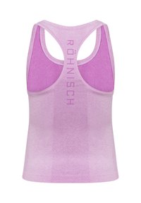 Lilafarbenes Sporttank-Top mit Racerback-Design, strukturiertem Stoff und subtiler vertikal ausgerichteter Logo-Platzierung. Glatte Oberfläche, atmungsaktives Material.