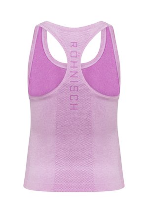 Lilac sporttanktop met racerback ontwerp, textuurstof en subtiel logo in verticale uitlijning. Glad afwerking, ademend materiaal.