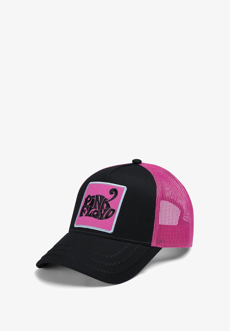 Schwarze Trucker-Mütze mit pinken Mesh-Seiten. Verfügt über ein quadratisches Patch mit "Pink Floyd" in stilisierten schwarzen Buchstaben auf pinkem Hintergrund.