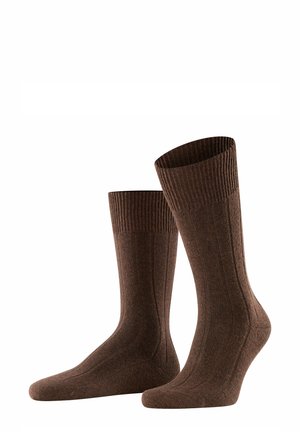 Brown ribbed cotton socks with a textured finish, featuring a reinforced heel and toe. The sock cuffs are elasticized for a secure fit.