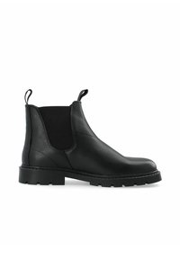 Bottine en cuir noir avec des panneaux élastiques sur les côtés, finition texturée, poignées de traction et semelle en caoutchouc robuste. Durable et conçue pour un enfilage facile.