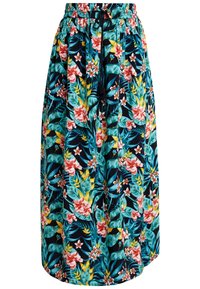 Gonna lunga con vita elastica e lacci, caratterizzata da un vivace motivo floreale tropicale in verde, giallo, rosso e blu su uno sfondo scuro.