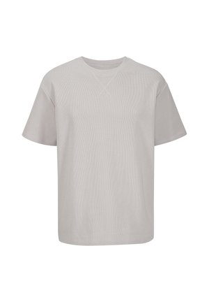 Hellgraues T-Shirt mit kurzen Ärmeln und Rundhalsausschnitt mit aufgenähtem V-Detail unter dem Kragen, dargestellt auf schlichtem weißem Hintergrund.