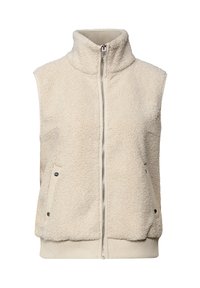 Crème kleurige mouwloze fleece bodywarmer met een hoge kraag en een rits aan de voorkant. Bevat twee zijzakken met drukknoopsluiting en een geribde zoom.