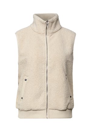 Cremefarbener ärmelloser Fleece-Westen mit hohem Kragen und Frontreißverschluss. Verfügt über zwei seitliche Taschen mit Druckknopfverschluss und geripptem Saum.