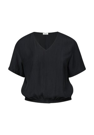 Czarna bluzka z krótkim rękawem, dekoltem w serek, lekko teksturowanym materiałem i elastycznym marszczonym dołem w pasie.