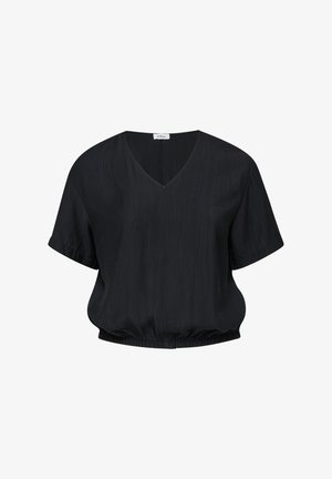 Blouse noire à manches courtes avec col en V, tissu légèrement texturé et ourlet élastique froncé à la taille.