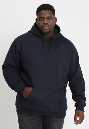 Navy blue hooded sweatshirt with a front pocket, ribbed cuffs, and a relaxed fit, made of soft fabric for comfort.