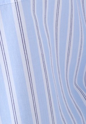 Lichtblauwe stof met verticale witte en dunne donkerblauwe strepen, met zichtbare textuur en zachte plooien.