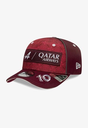 Maroon cap with a patterned top, featuring a black band labeled "Qatar Airways" and white accents. Embroidered number "10" on the front.