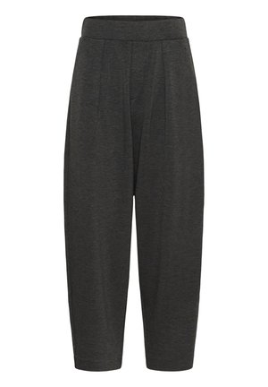 Dunkelgraue, verkürzte Hosen mit einem gefaltetem Front, dehnbarem Bund und weicher Textur. Keine sichtbaren Beschläge oder Muster.