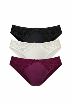 Set of three women's panties in black, white, and burgundy. Each features a lace trim at the waist and a smooth main body.
