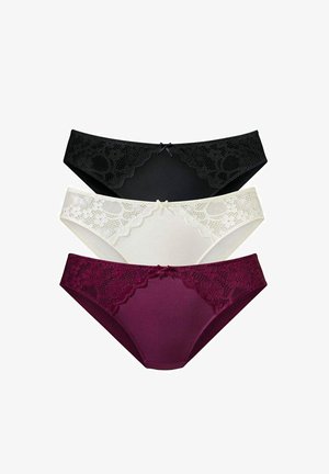 Set of three women's panties in black, white, and burgundy. Each features a lace trim at the waist and a smooth main body.