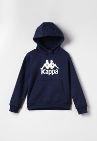 Felpa blu navy in cotone misto con tasca a marsupio e design del logo Kappa bianco sul davanti. Include un cappuccio regolabile.