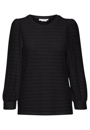 Črni dolg rokav top z teksturiranim vzorcem, zaobljenim izrezom in nabrano puf rukavom. Gladek material z sproščenim krojem.