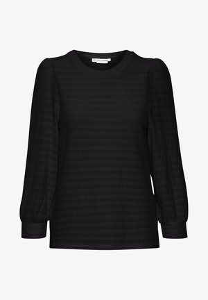 Črni dolg rokav top z teksturiranim vzorcem, zaobljenim izrezom in nabrano puf rukavom. Gladek material z sproščenim krojem.